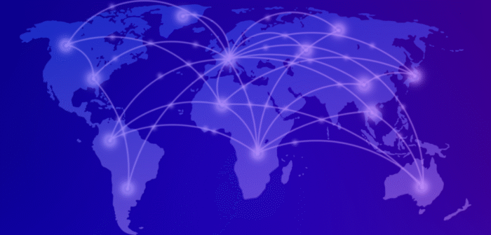 World map with glowing connection lines illustrating global financial or digital network connectivity.