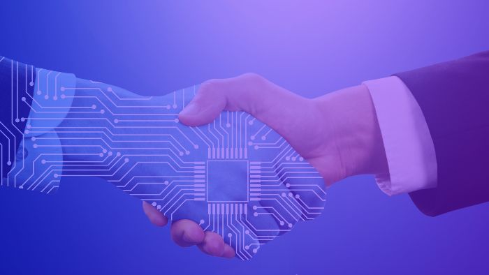 Digital illustration of a handshake between a human hand in a business suit and a circuit board-style robotic hand, symbolizing collaboration between traditional finance (TradFi) and decentralized finance (DeFi). Purple and blue gradient background enhances the futuristic, tech-focused theme.