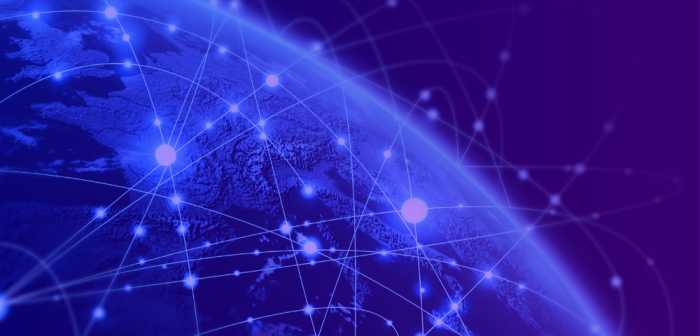 Digital illustration of Earth viewed from space with glowing network lines and connection points, symbolizing global connectivity and digital transactions on a blue and purple background.