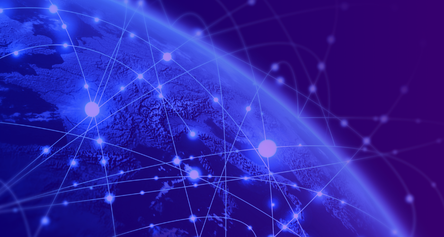 Digital illustration of Earth viewed from space with glowing network lines and connection points, symbolizing global connectivity and digital transactions on a blue and purple background.
