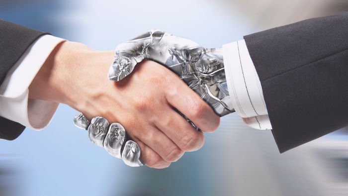 one robotic/digital (representing DeFi), the other in a business suit (TradFi). A visual metaphor for partnership across worlds.