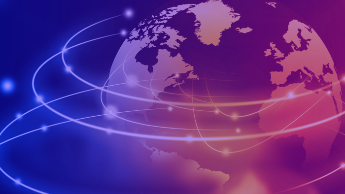 Stylized digital illustration of a globe with glowing lines and connection points circling around it, representing global connectivity and real-time cross-border payments. The color palette includes gradients of blue, purple, and orange, evoking a modern, tech-forward theme.