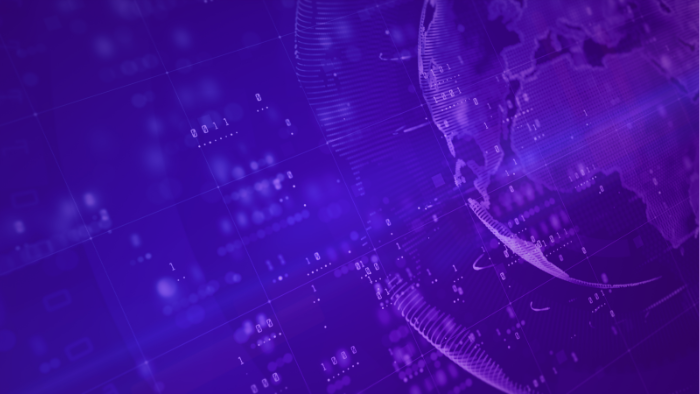 A digital, abstract image of the Earth viewed from space, focusing on Europe and Africa. The globe is composed of glowing purple lines and binary code, with transparent grids and digital data streams overlaying the background. The color scheme is dominated by shades of purple and violet, evoking themes of fintech, blockchain, and global digital connectivity.