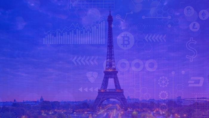 Digital composite image of the Eiffel Tower at dusk with overlay graphics of cryptocurrency symbols, data charts, and blockchain elements, representing the convergence of crypto and finance at Paris Blockchain Week.