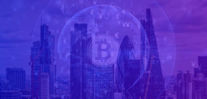 London skyline with a purple overlay, featuring a digital globe and Bitcoin symbol—illustrating UK/FCA oversight of crypto assets.