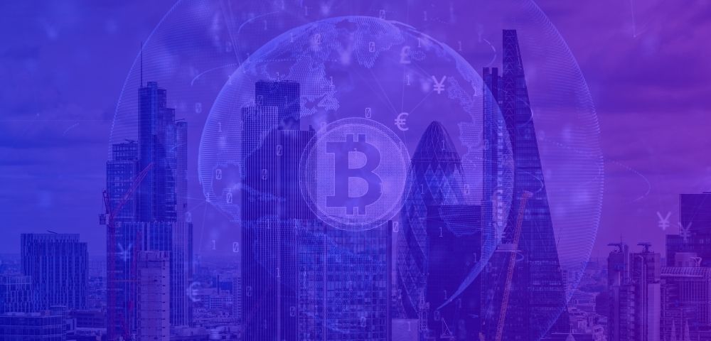 London skyline with a purple overlay, featuring a digital globe and Bitcoin symbol—illustrating UK/FCA oversight of crypto assets.