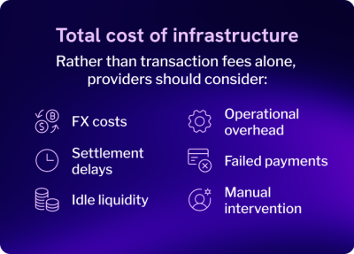 Total infrastructure cost considerations including FX, delays, idle liquidity, overhead, failed payments and manual intervention.